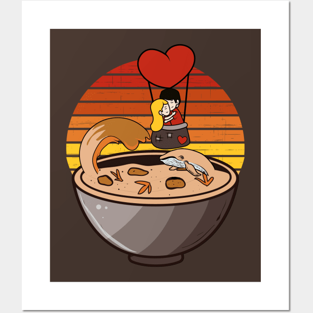 Flying over a ramen sea of noodle soup for Valentine day, whale and waves don't bother Wall Art by alcoshirts